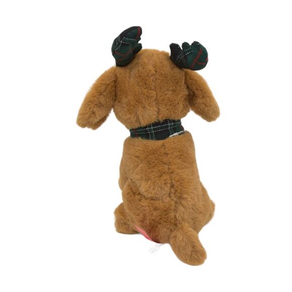 Gitzy 9" Plush Brown Puppy Dog with Green & Red Plaid Antlers Stuffed Toy - Picture 4 of 5